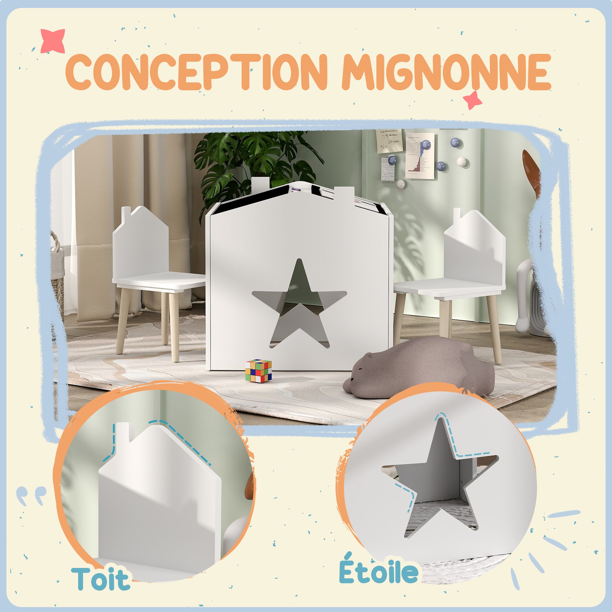 Set 1 Table and 2 Chairs 3-piece for Kids with Slate, Pine Legs, for 3-8 years, White