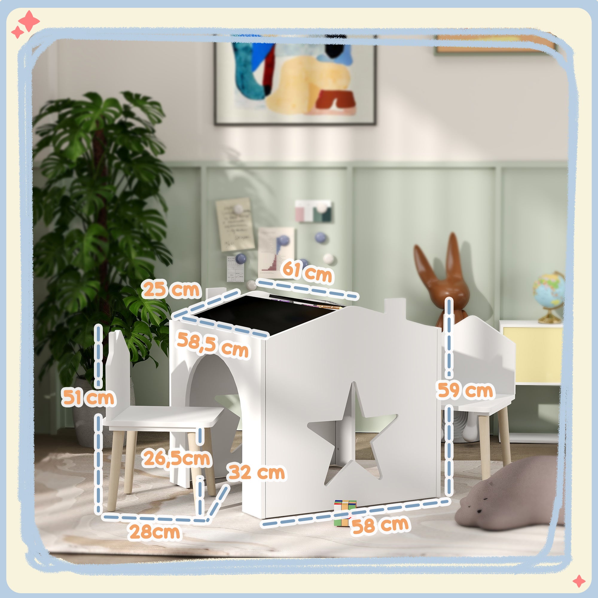 Set 1 Table and 2 Chairs 3-piece for Kids with Slate, Pine Legs, for 3-8 years, White