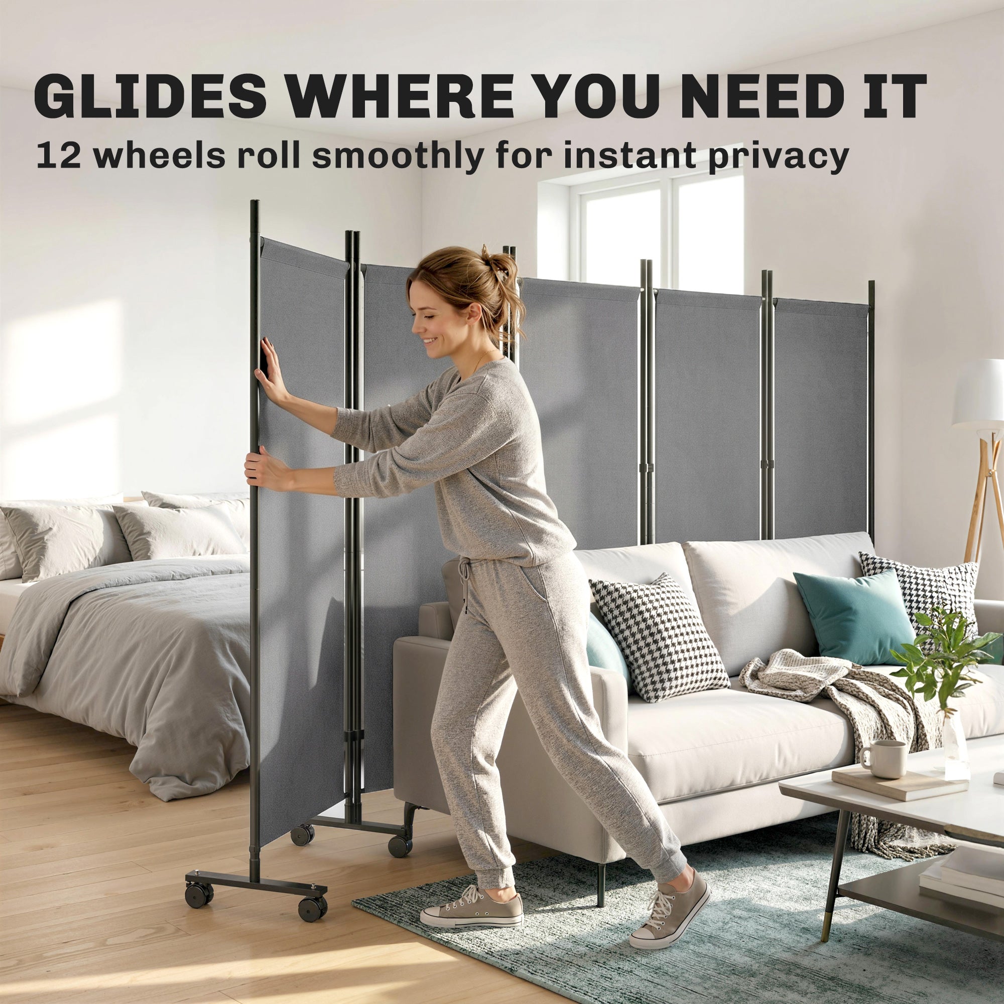 5-Panel Room Divider 99 x 16 x 67 in — Freestanding Folding Privacy Screen with 12 Wheels, Metal Frame, Water-Resistant Polyester, Dark Gray (Indoor/Covered Outdoor)