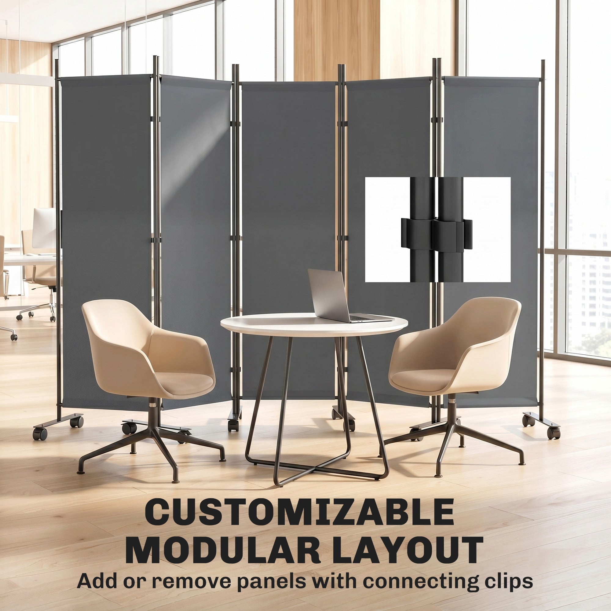 5-Panel Room Divider 99 x 16 x 67 in — Freestanding Folding Privacy Screen with 12 Wheels, Metal Frame, Water-Resistant Polyester, Dark Gray (Indoor/Covered Outdoor)