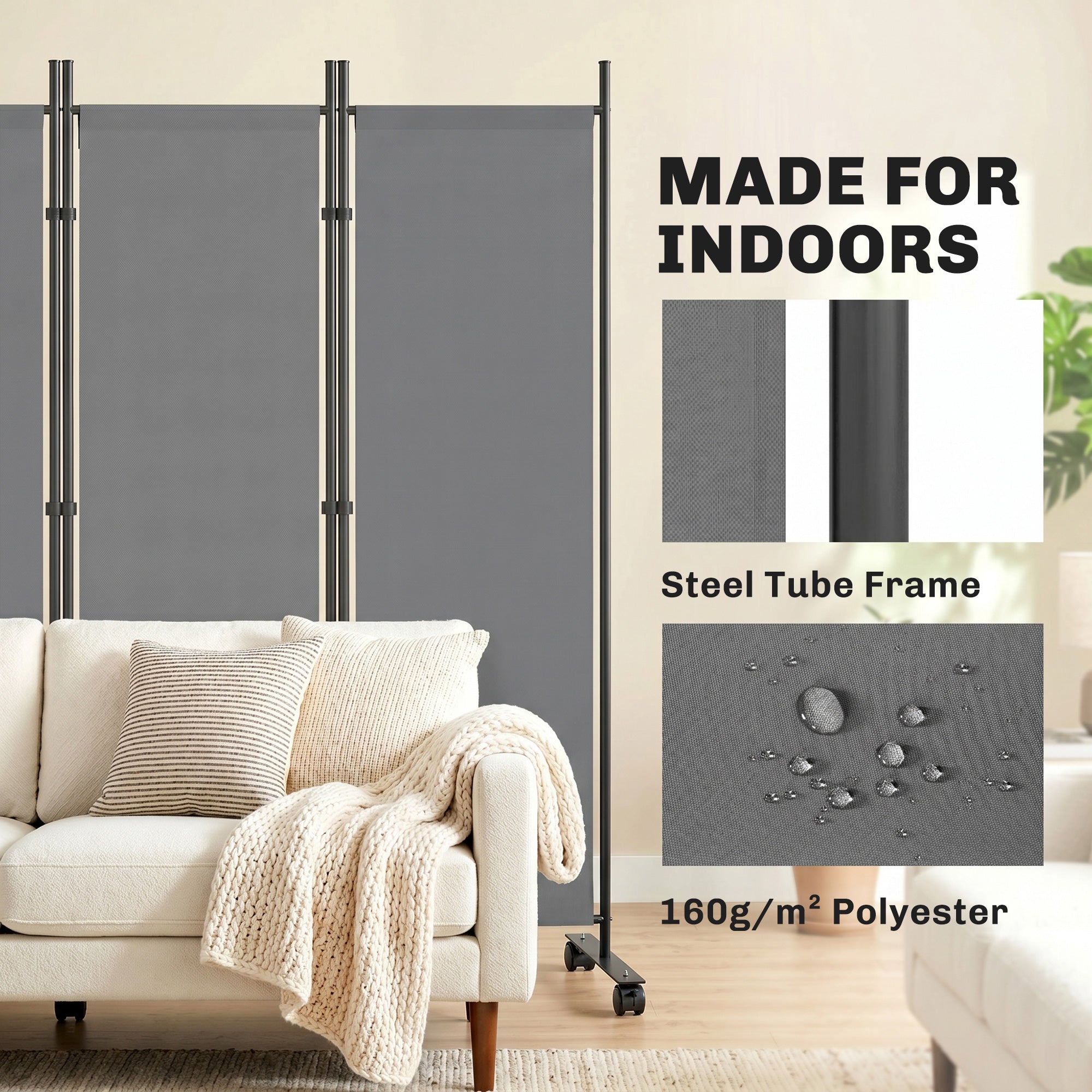5-Panel Room Divider 99 x 16 x 67 in — Freestanding Folding Privacy Screen with 12 Wheels, Metal Frame, Water-Resistant Polyester, Dark Gray (Indoor/Covered Outdoor)