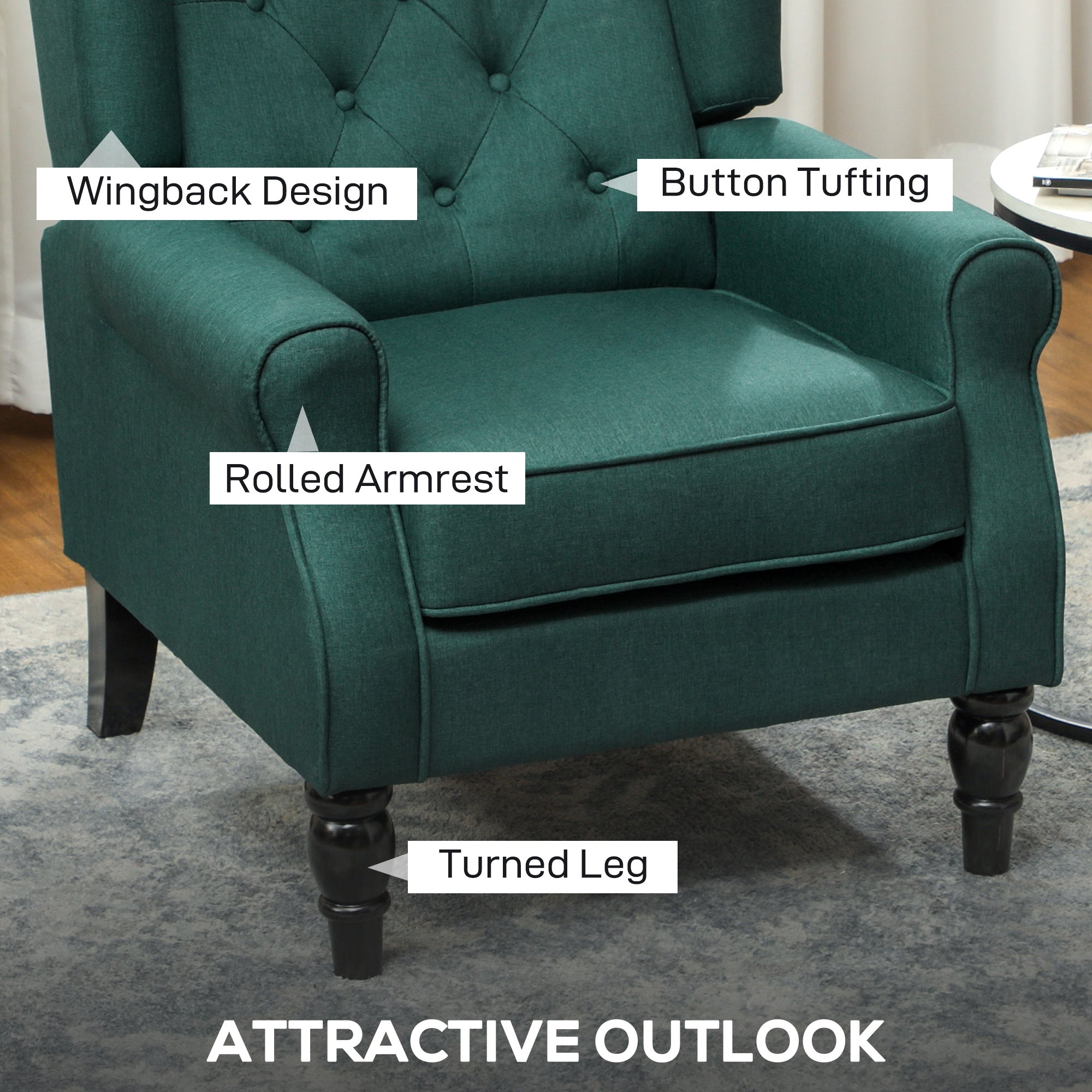 Wingback Armchair with Armrests, Tufted High-Back Lounge Chair with Cushion, Eucalyptus Wood Legs, Dark Green