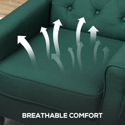 Wingback Armchair with Armrests, Tufted High-Back Lounge Chair with Cushion, Eucalyptus Wood Legs, Dark Green