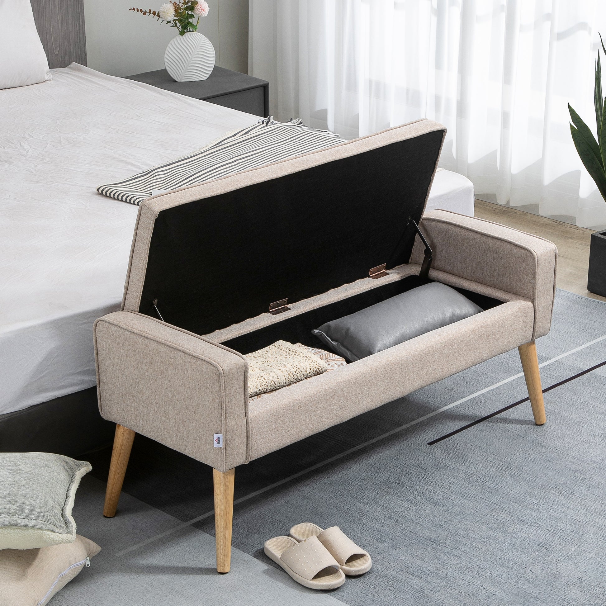 Storage Bench Upholstered in Linen with Flip Top and Wooden Legs for Bedroom Living Room Entryway Load 120 kg 120x45x54 cm Beige