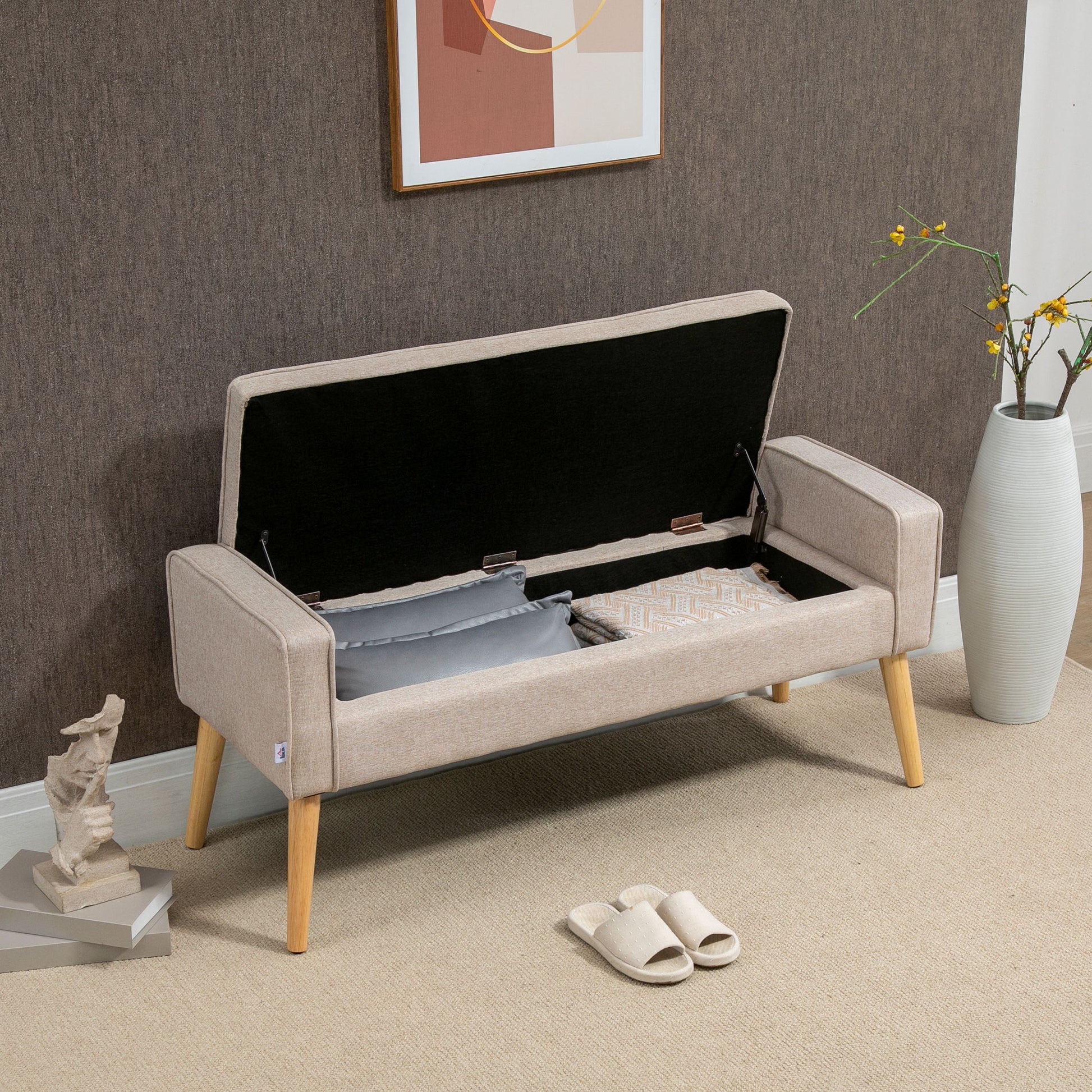 Storage Bench Upholstered in Linen with Flip Top and Wooden Legs for Bedroom Living Room Entryway Load 120 kg 120x45x54 cm Beige