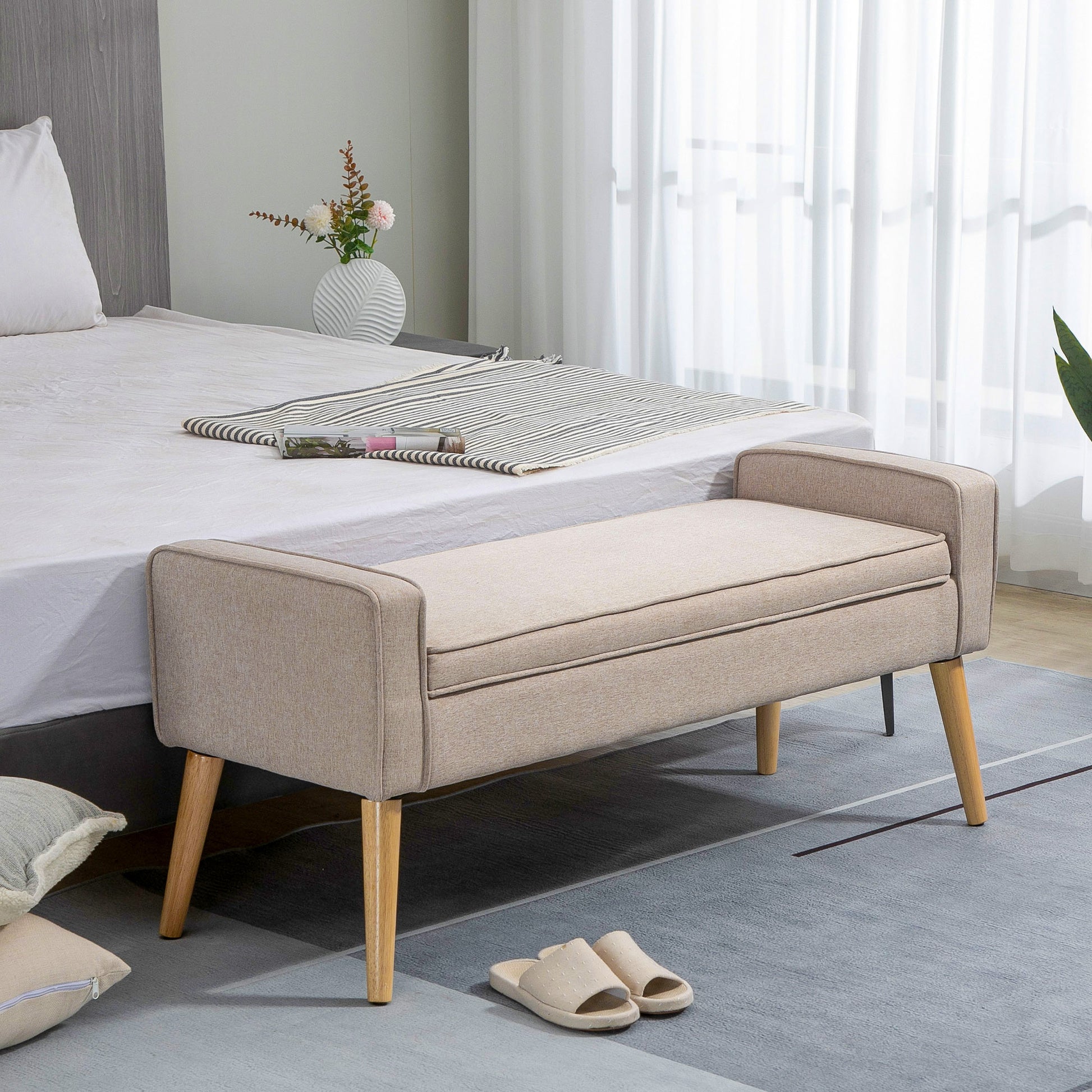 Storage Bench Upholstered in Linen with Flip Top and Wooden Legs for Bedroom Living Room Entryway Load 120 kg 120x45x54 cm Beige