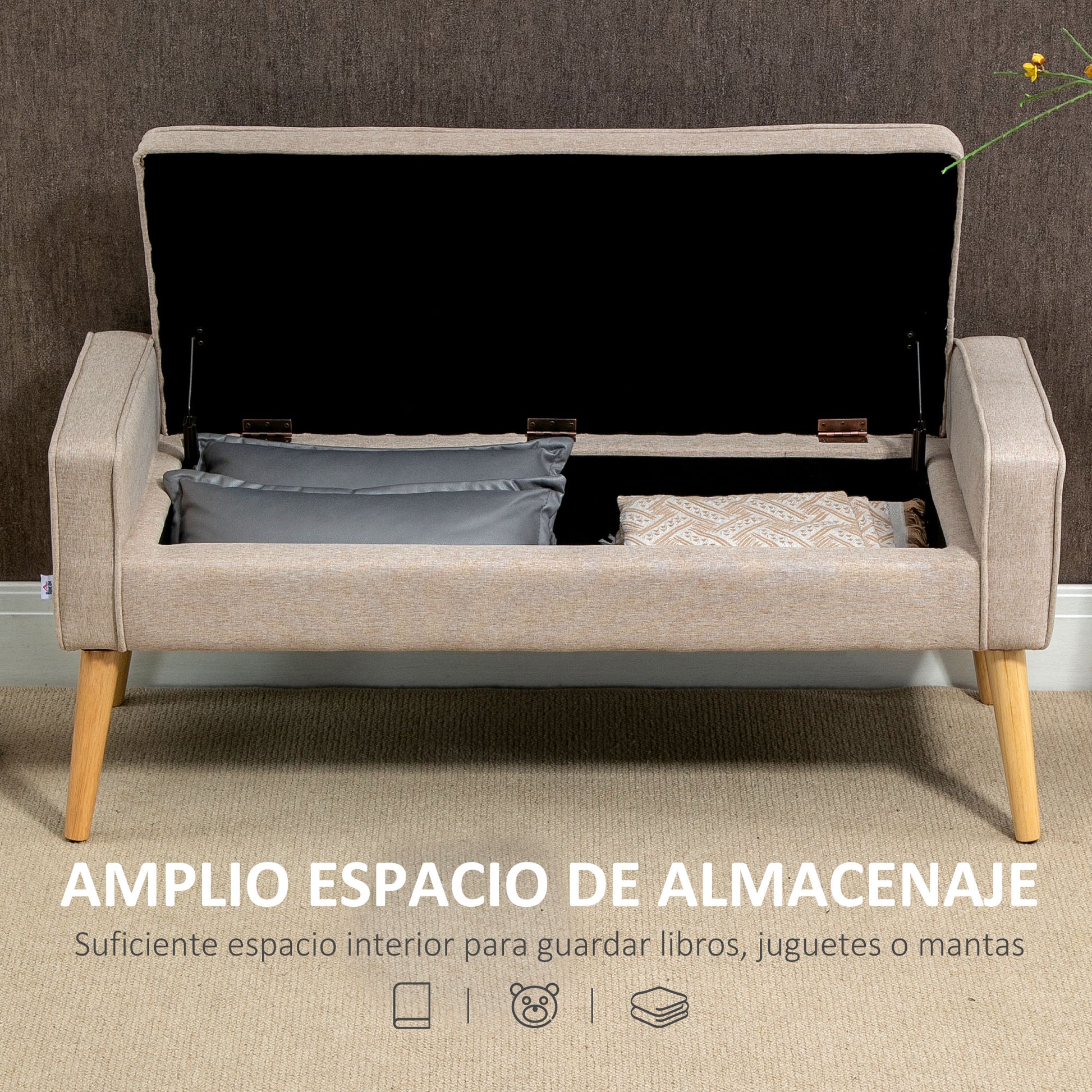 Storage Bench Upholstered in Linen with Flip Top and Wooden Legs for Bedroom Living Room Entryway Load 120 kg 120x45x54 cm Beige