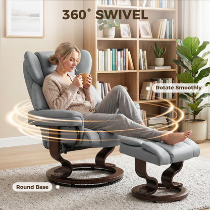 Recliner with Ottoman, 360° Swivel TV Chair with 145° Recline, PU Leather, Light Gray