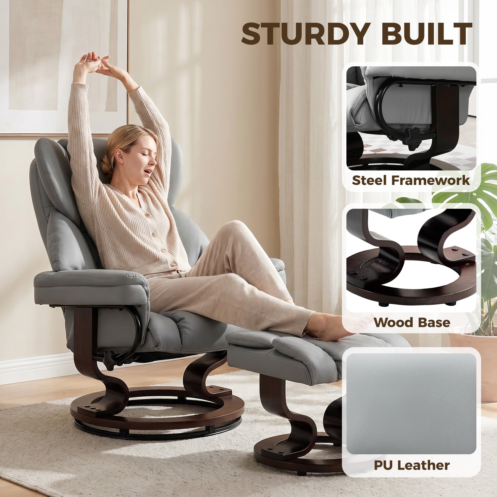Recliner with Ottoman, 360° Swivel TV Chair with 145° Recline, PU Leather, Light Gray