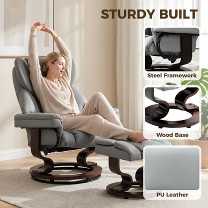 Recliner with Ottoman, 360° Swivel TV Chair with 145° Recline, PU Leather, Light Gray