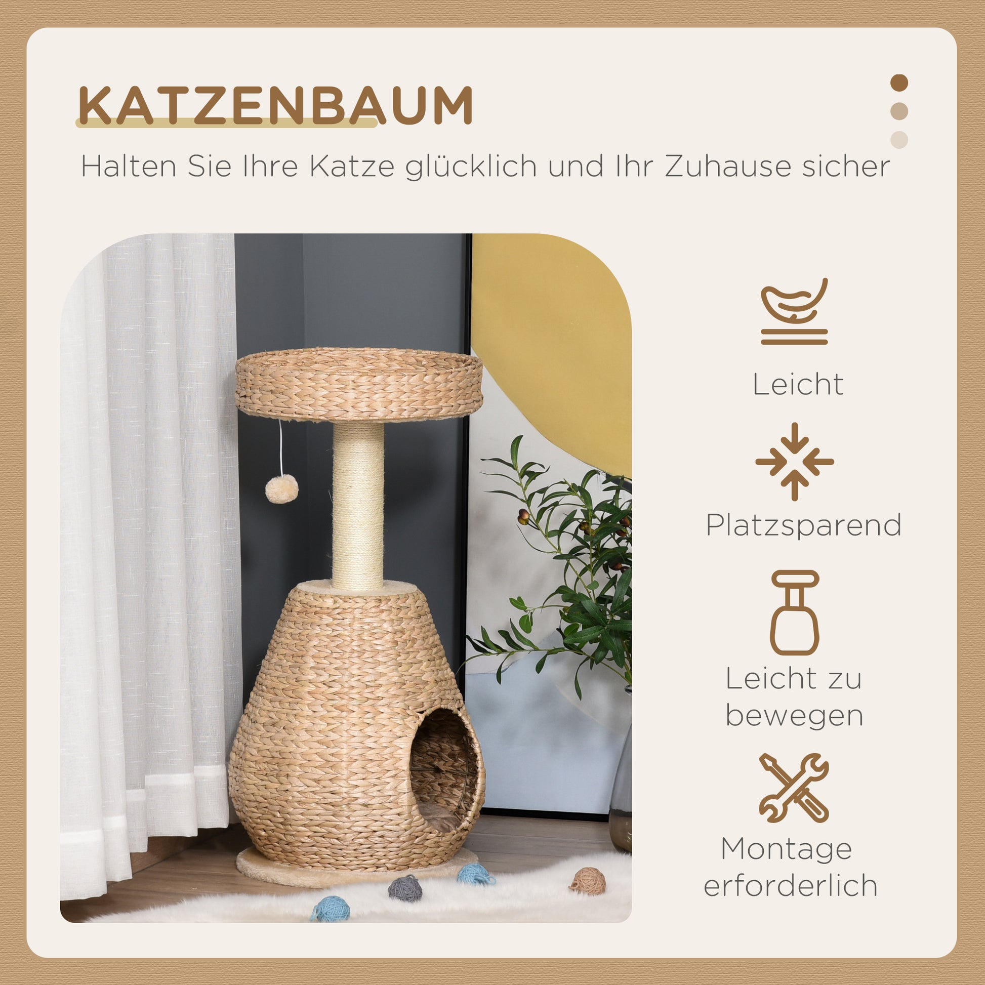 Cat Tree Scratching Post Kitten Furniture with Cat Cave Ball Toy Sisal Soft Plush Height 82.5cm Yellow