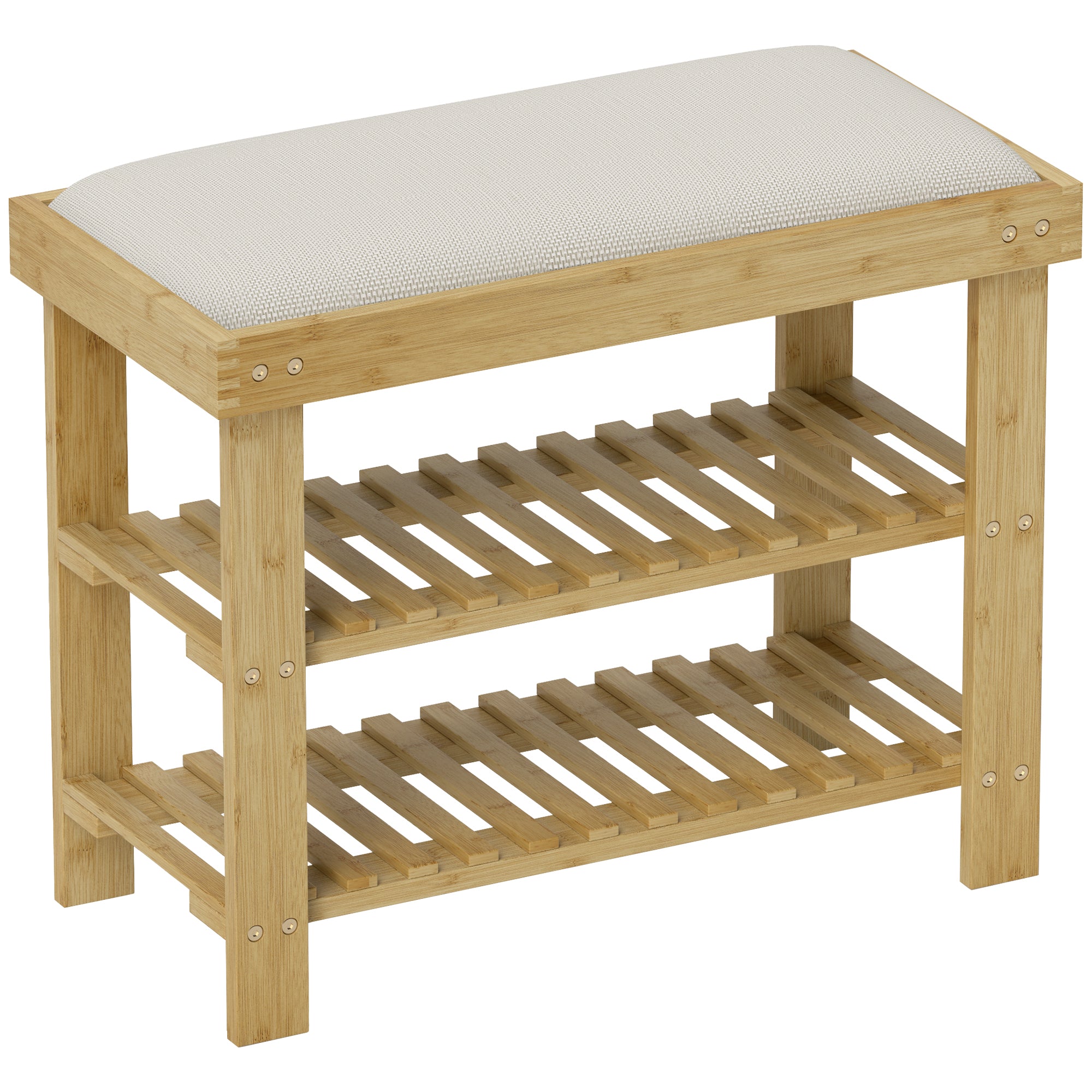 Shoe Bench with Seat, Bamboo Bench with Storage Space, Shoe Rack with 2 Open Shelves, Bench, Hallway Bench for Living Room, Hallway, 60 x 29 x 49 cm Cream White