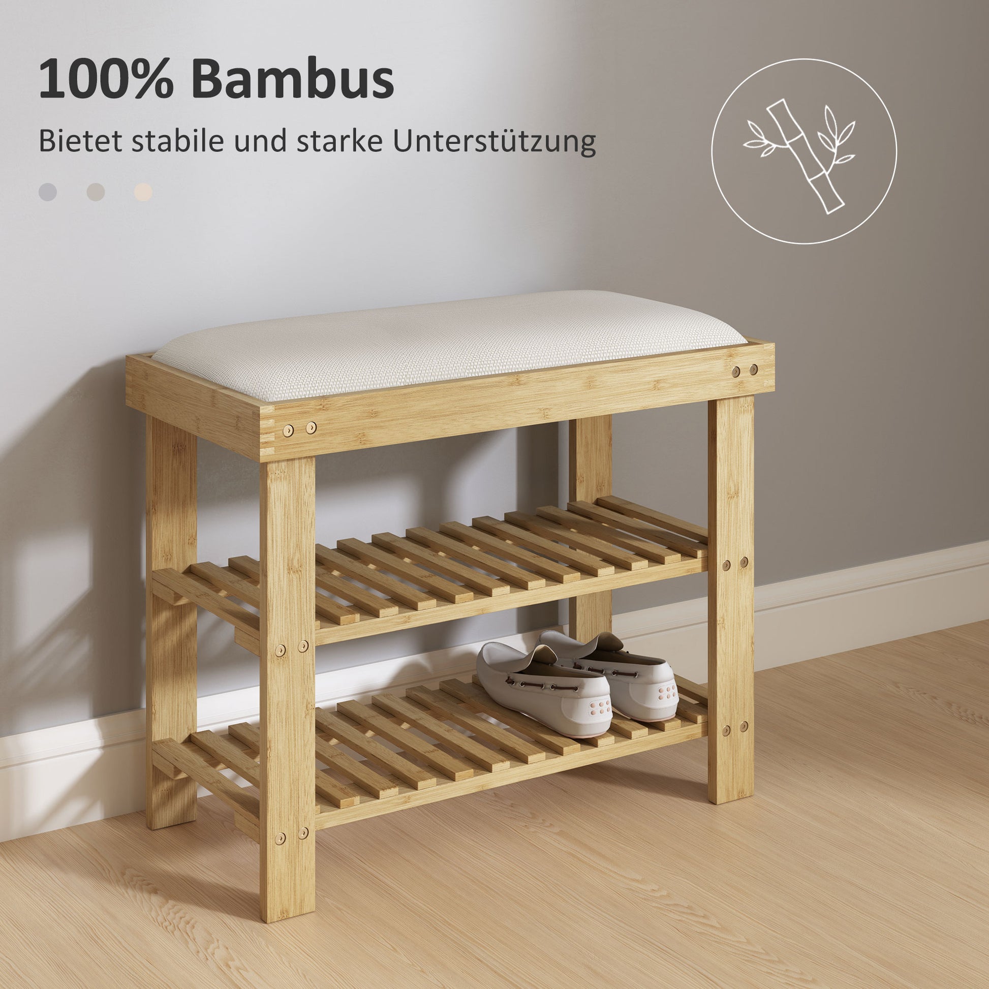 Shoe Bench with Seat, Bamboo Bench with Storage Space, Shoe Rack with 2 Open Shelves, Bench, Hallway Bench for Living Room, Hallway, 60 x 29 x 49 cm Cream White
