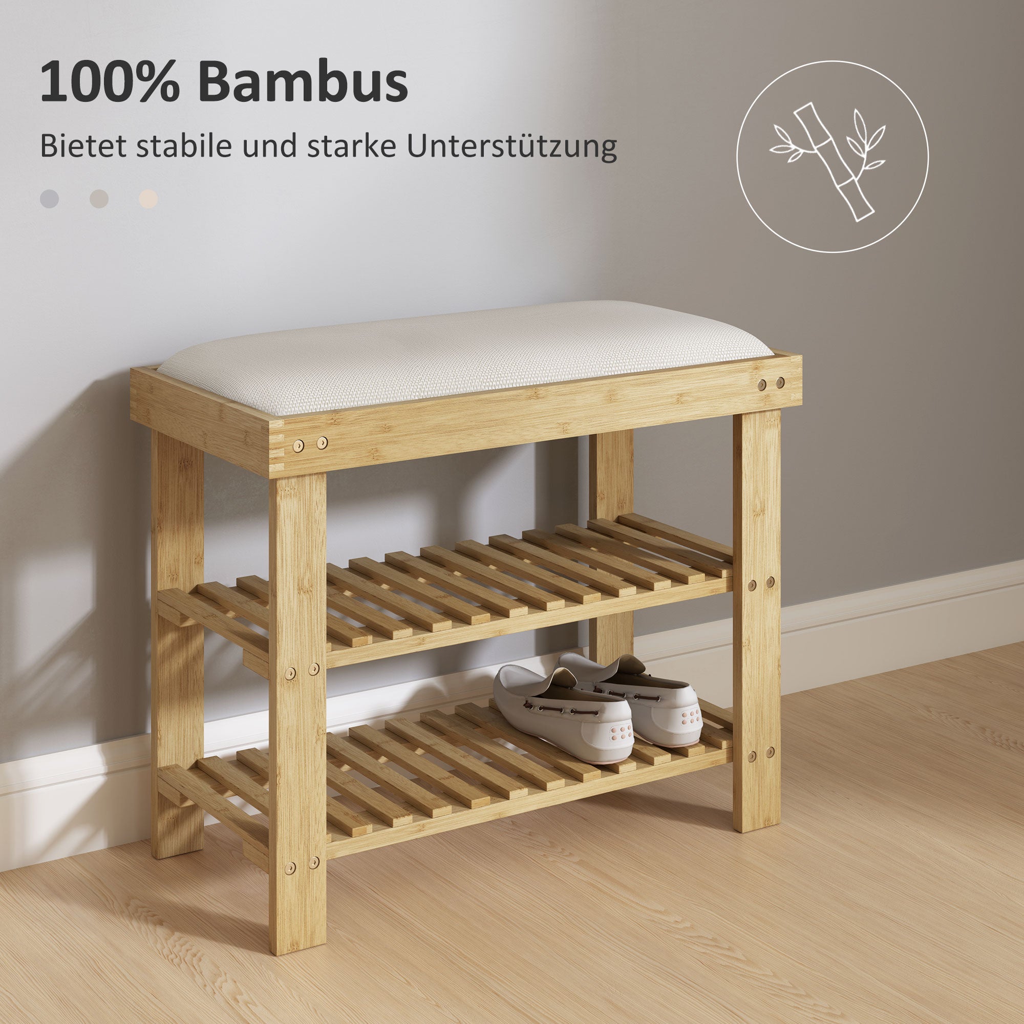 Shoe Bench with Seat, Bamboo Bench with Storage Space, Shoe Rack with 2 Open Shelves, Bench, Hallway Bench for Living Room, Hallway, 60 x 29 x 49 cm Cream White