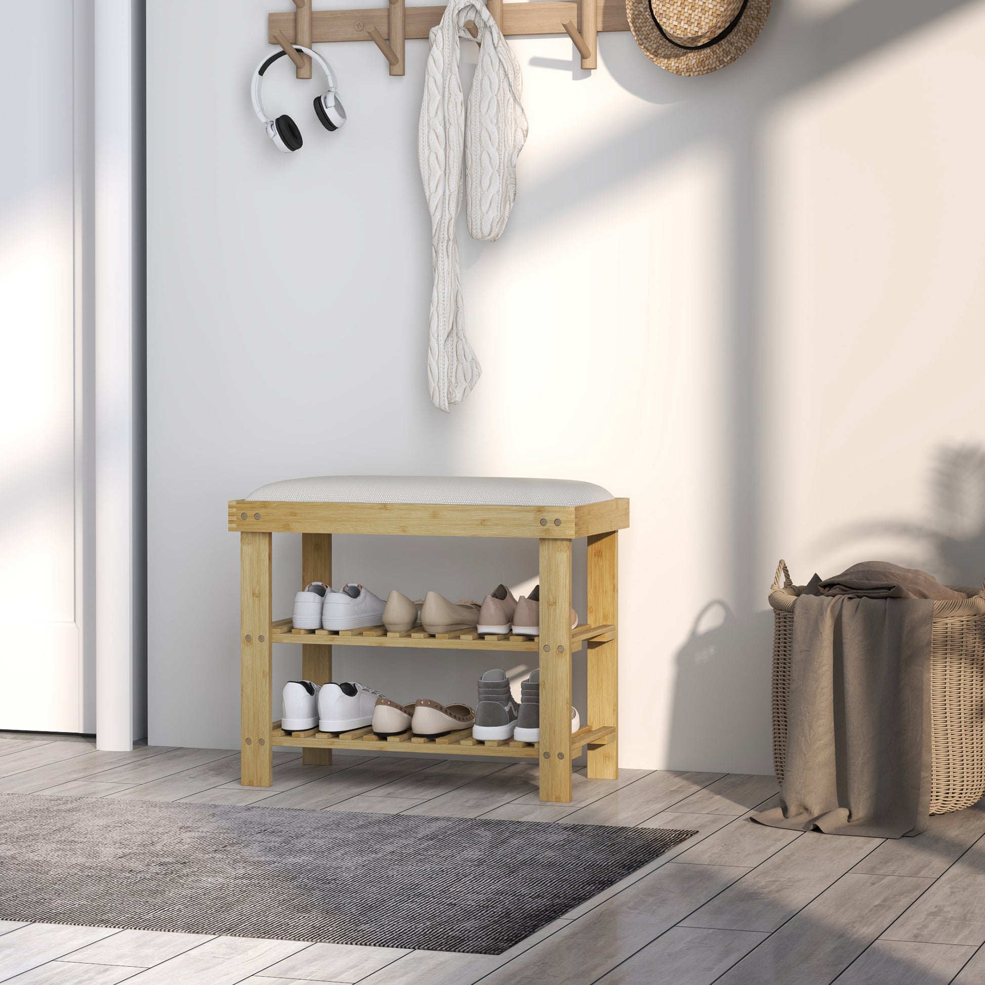 Shoe Bench with Seat, Bamboo Bench with Storage Space, Shoe Rack with 2 Open Shelves, Bench, Hallway Bench for Living Room, Hallway, 60 x 29 x 49 cm Cream White
