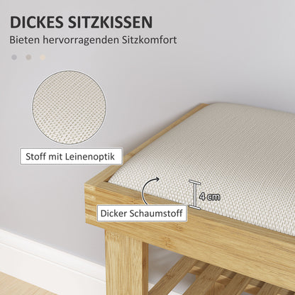 Shoe Bench with Seat, Bamboo Bench with Storage Space, Shoe Rack with 2 Open Shelves, Bench, Hallway Bench for Living Room, Hallway, 60 x 29 x 49 cm Cream White