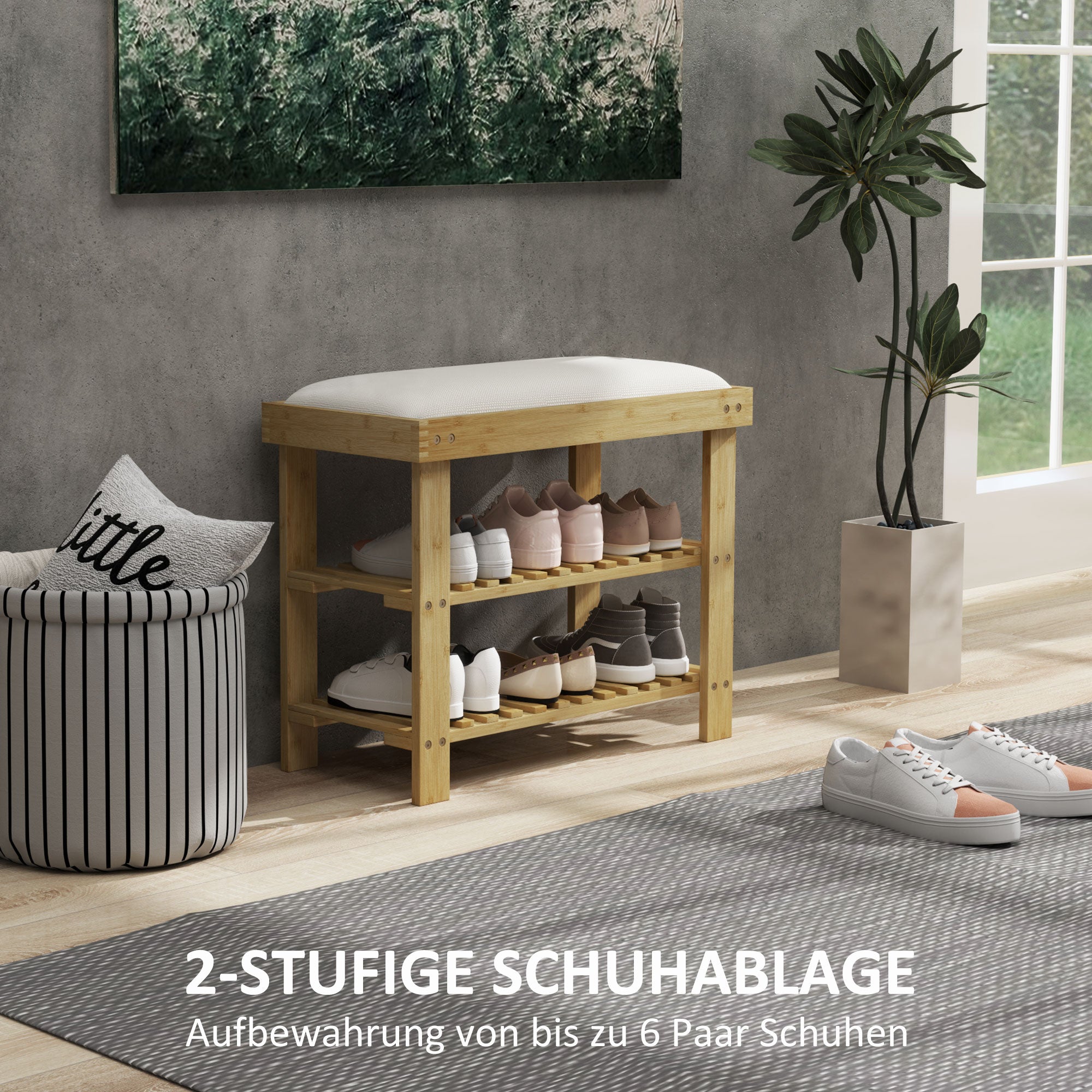 Shoe Bench with Seat, Bamboo Bench with Storage Space, Shoe Rack with 2 Open Shelves, Bench, Hallway Bench for Living Room, Hallway, 60 x 29 x 49 cm Cream White