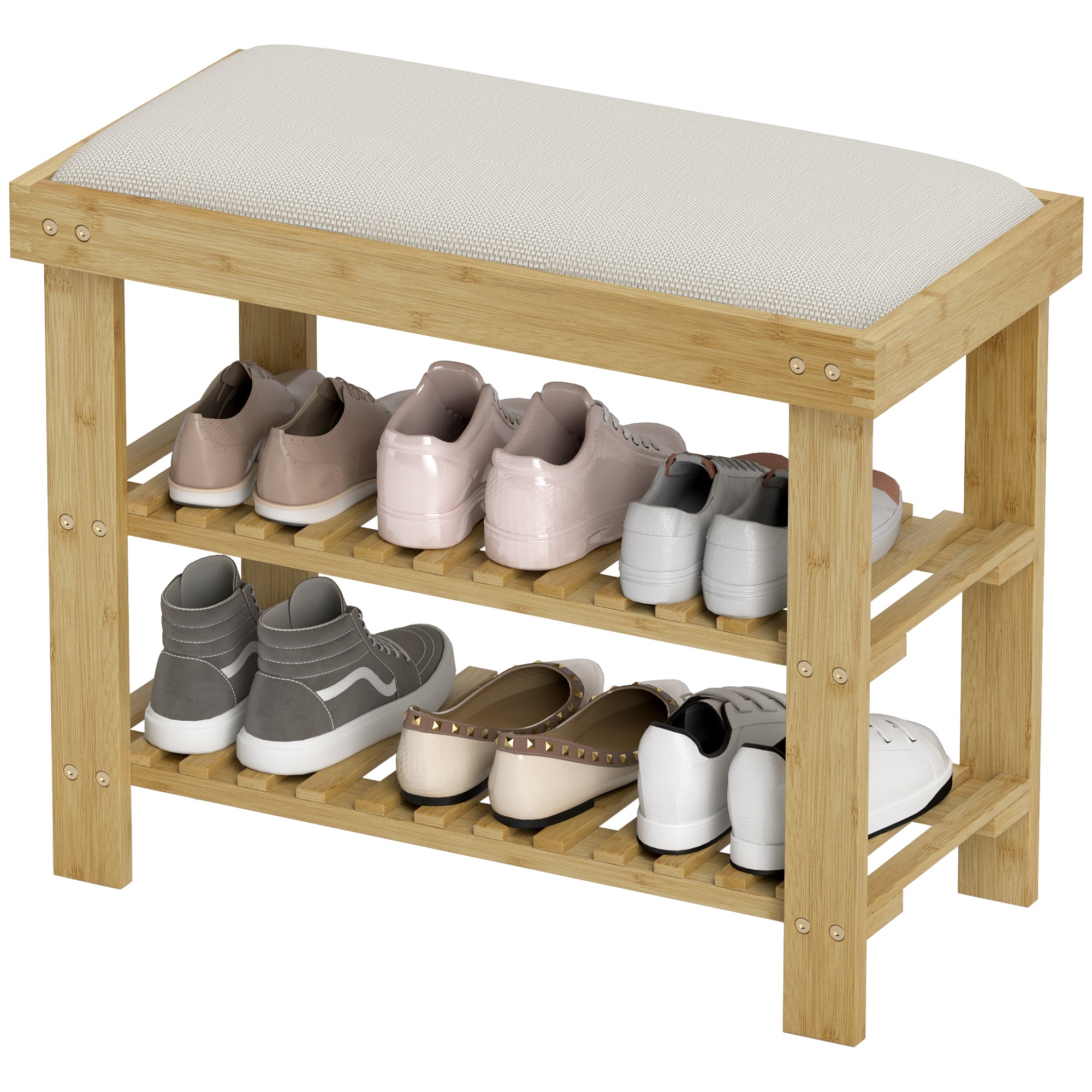 Shoe Bench with Seat, Bamboo Bench with Storage Space, Shoe Rack with 2 Open Shelves, Bench, Hallway Bench for Living Room, Hallway, 60 x 29 x 49 cm Cream White