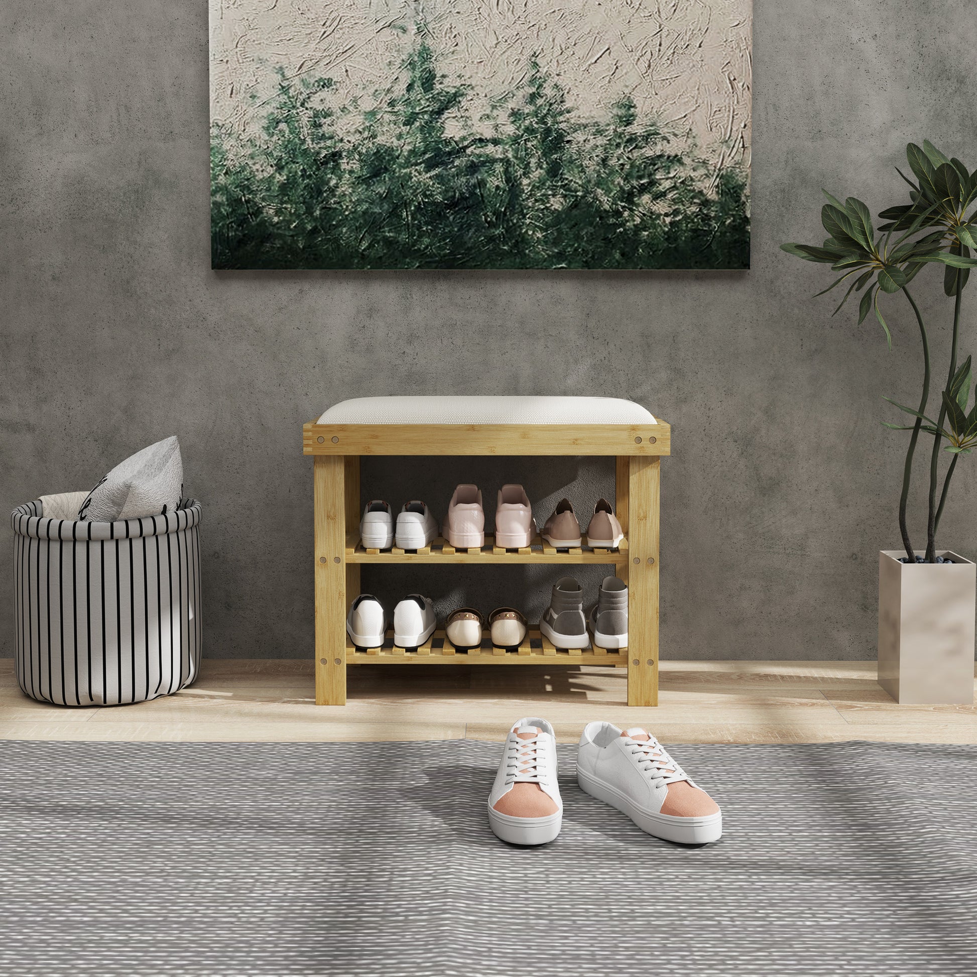 Shoe Bench with Seat, Bamboo Bench with Storage Space, Shoe Rack with 2 Open Shelves, Bench, Hallway Bench for Living Room, Hallway, 60 x 29 x 49 cm Cream White