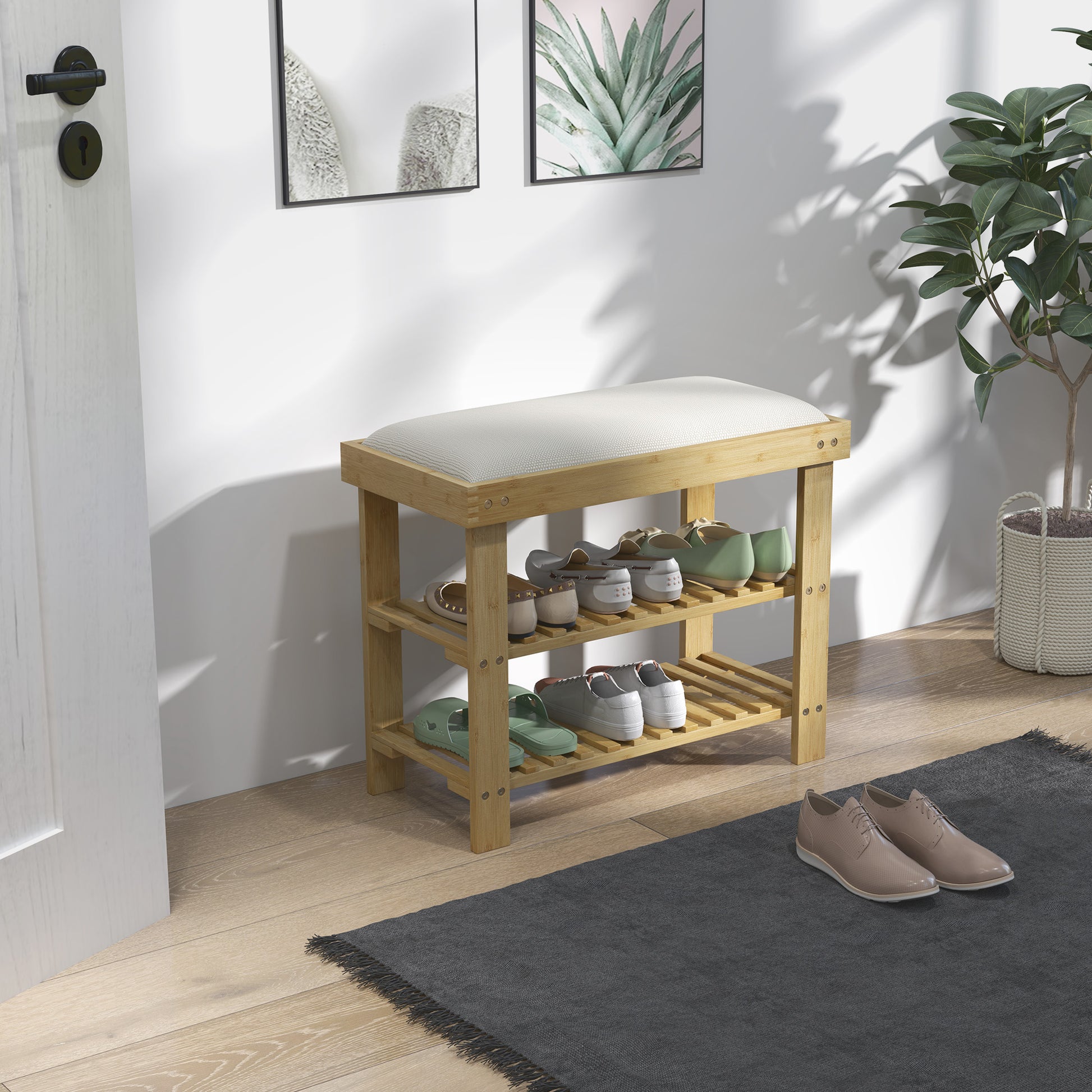 Shoe Bench with Seat, Bamboo Bench with Storage Space, Shoe Rack with 2 Open Shelves, Bench, Hallway Bench for Living Room, Hallway, 60 x 29 x 49 cm Cream White