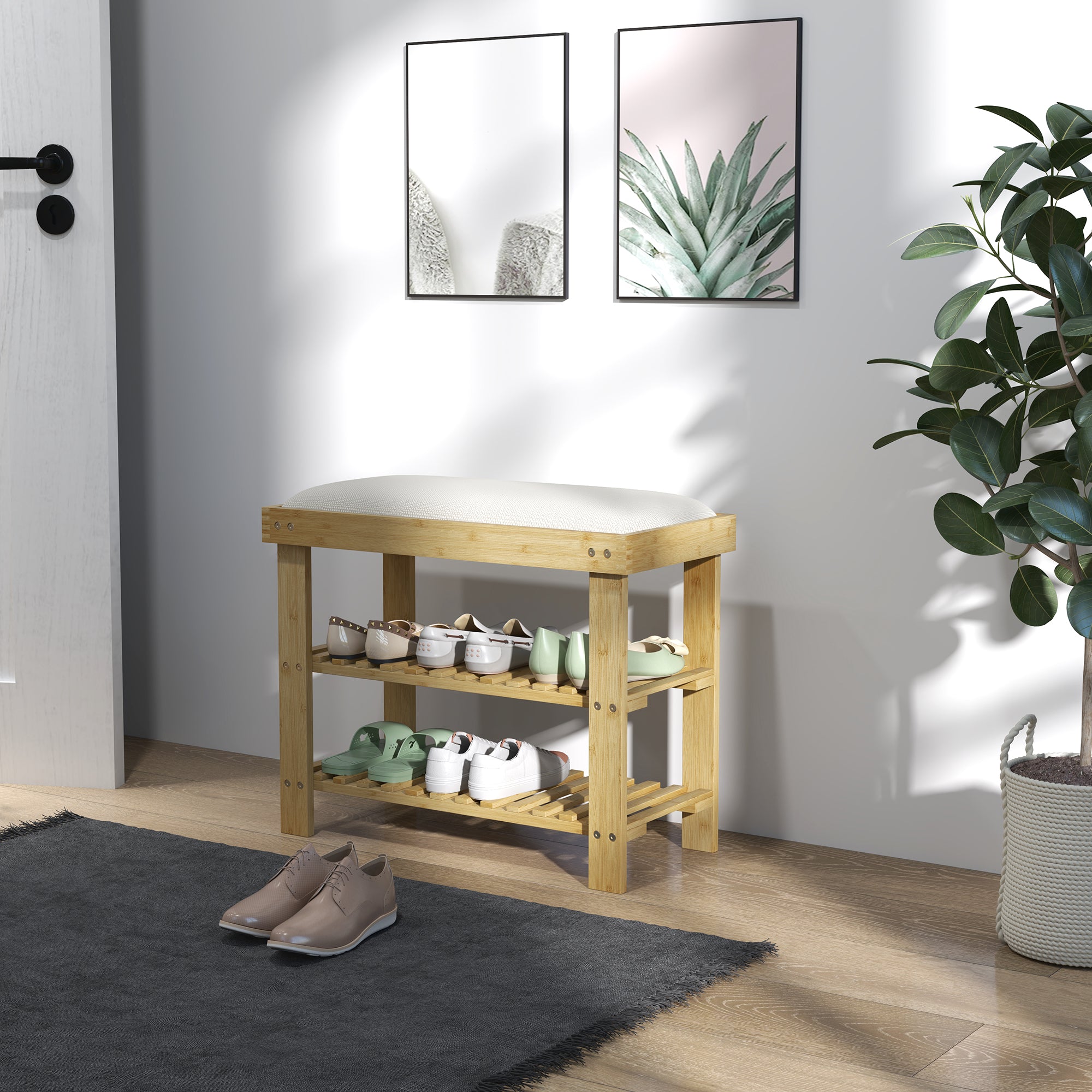 Shoe Bench with Seat, Bamboo Bench with Storage Space, Shoe Rack with 2 Open Shelves, Bench, Hallway Bench for Living Room, Hallway, 60 x 29 x 49 cm Cream White