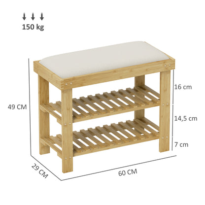 Shoe Bench with Seat, Bamboo Bench with Storage Space, Shoe Rack with 2 Open Shelves, Bench, Hallway Bench for Living Room, Hallway, 60 x 29 x 49 cm Cream White