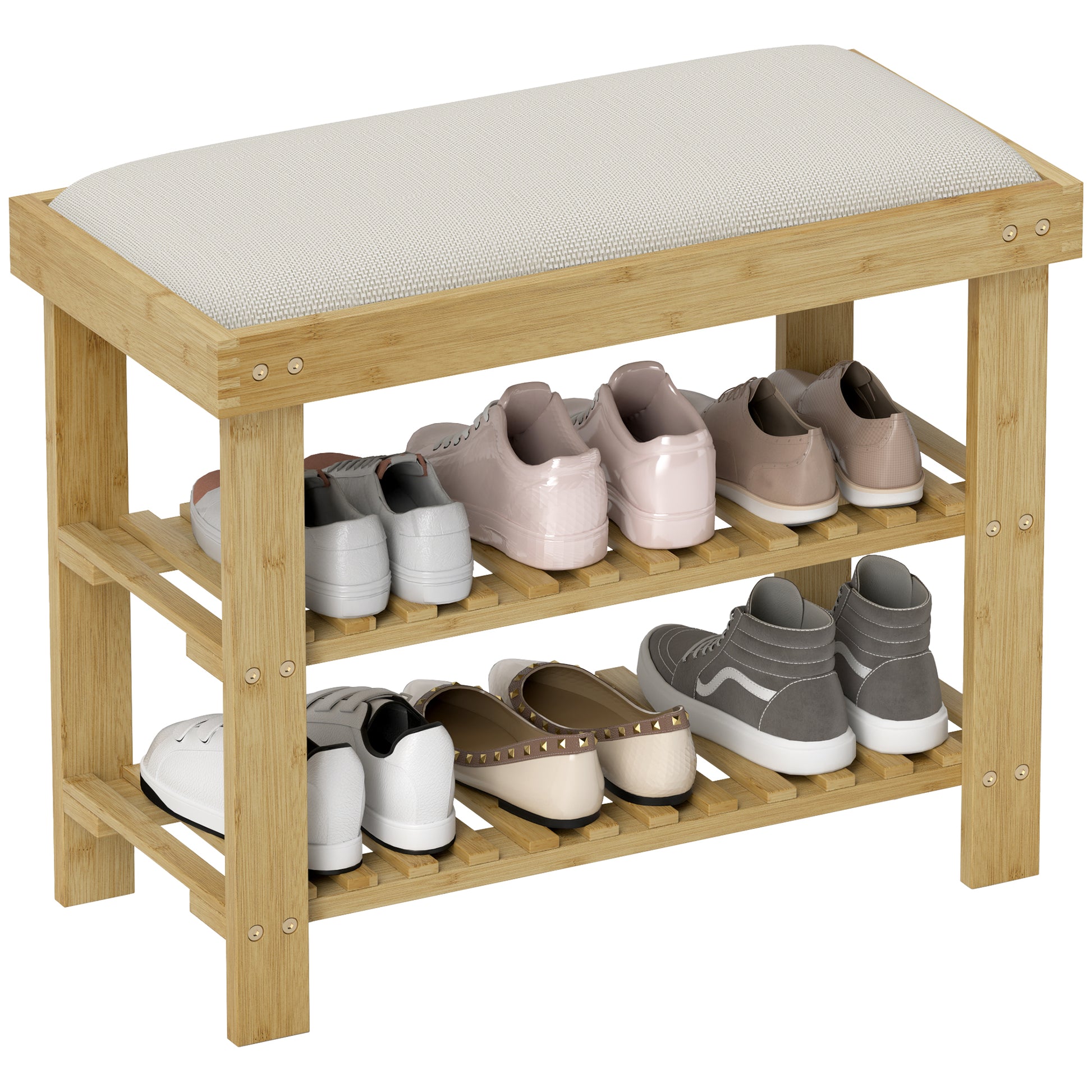 Shoe Bench with Seat, Bamboo Bench with Storage Space, Shoe Rack with 2 Open Shelves, Bench, Hallway Bench for Living Room, Hallway, 60 x 29 x 49 cm Cream White