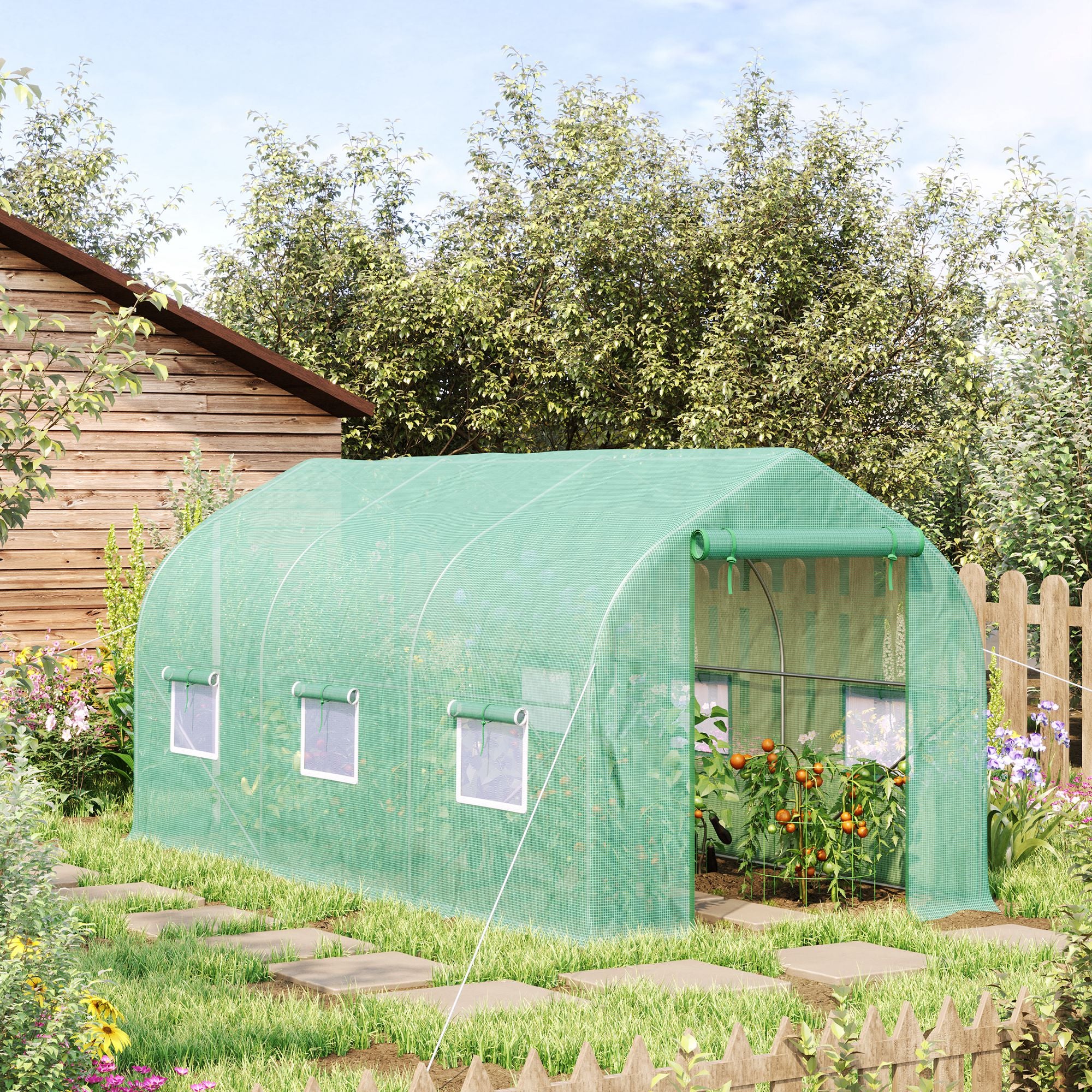 Garden Greenhouse 4x2x2 m Tunnel Greenhouse with 6 Breathable Windows and Roll-Up Zipper Door for Growing Plants Vegetables Green