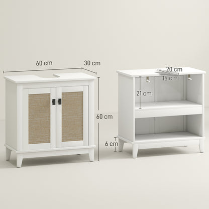 Bathroom Sink Cabinet with Pedestal Stand with 2 PE Rattan Doors 2 Shelves and Anti-overturn System for Bathroom 60x30x60 cm White