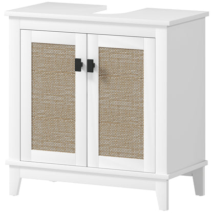 Bathroom Sink Cabinet with Pedestal Stand with 2 PE Rattan Doors 2 Shelves and Anti-overturn System for Bathroom 60x30x60 cm White
