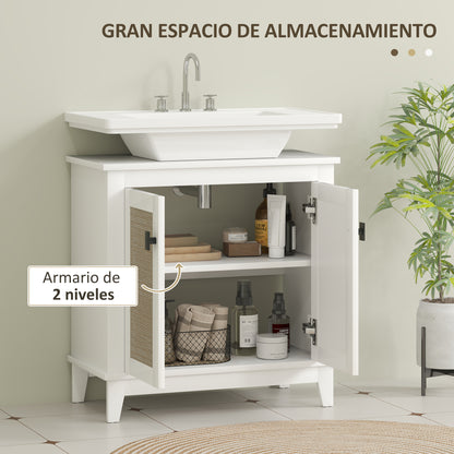 Bathroom Sink Cabinet with Pedestal Stand with 2 PE Rattan Doors 2 Shelves and Anti-overturn System for Bathroom 60x30x60 cm White
