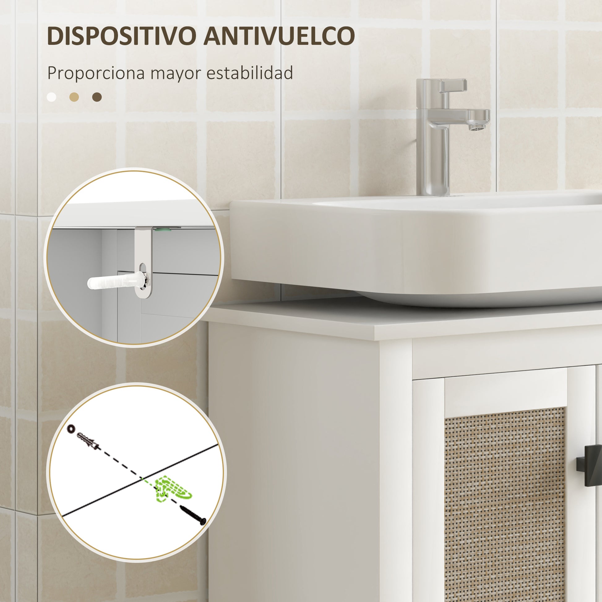 Bathroom Sink Cabinet with Pedestal Stand with 2 PE Rattan Doors 2 Shelves and Anti-overturn System for Bathroom 60x30x60 cm White