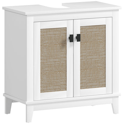 Bathroom Sink Cabinet with Pedestal Stand with 2 PE Rattan Doors 2 Shelves and Anti-overturn System for Bathroom 60x30x60 cm White
