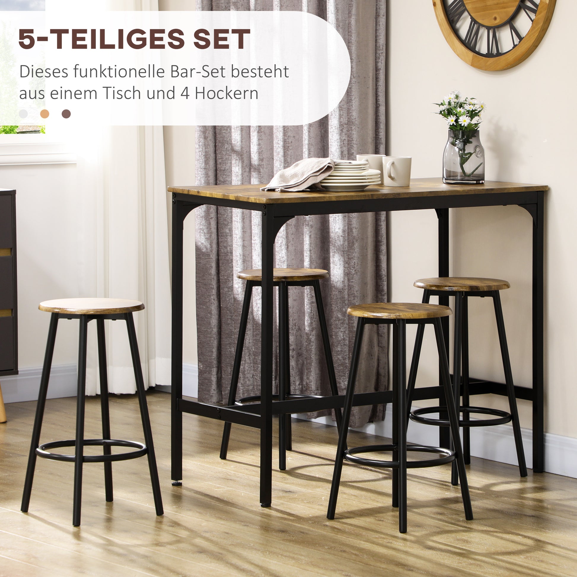 Bar Table with Bar Stool Set, 5-Piece Bar Table Set, Kitchen Table with 4 Bar Stools, Dining Set in Industrial Design, for Kitchen, Dining Room, Metal, Rustic Brown