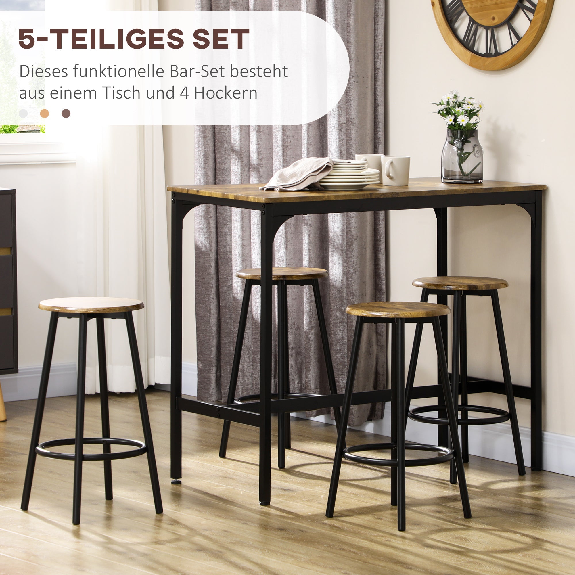 Bar Table with Bar Stool Set, 5-Piece Bar Table Set, Kitchen Table with 4 Bar Stools, Dining Set in Industrial Design, for Kitchen, Dining Room, Metal, Rustic Brown