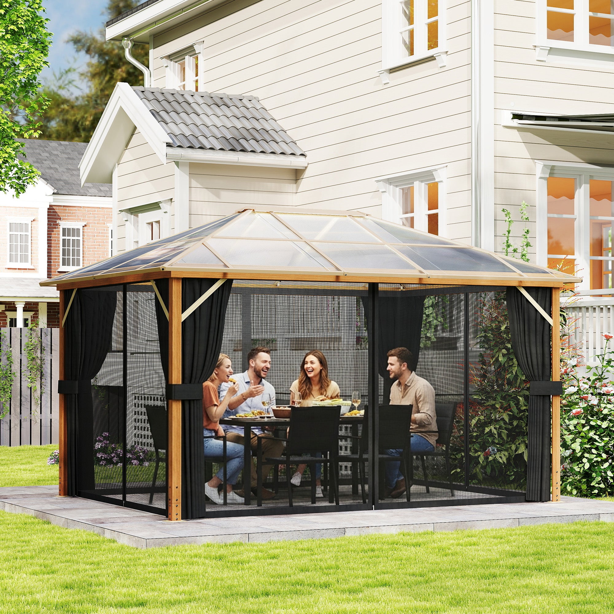 4 x 3 m Aluminum Gazebo with 6 mm Polycarbonate Hardtop, Wood-Grain Finish, Mosquito Net & 4 Side Curtains — Winter-Resistant Pergola with Ceiling Hooks (Natural Wood)