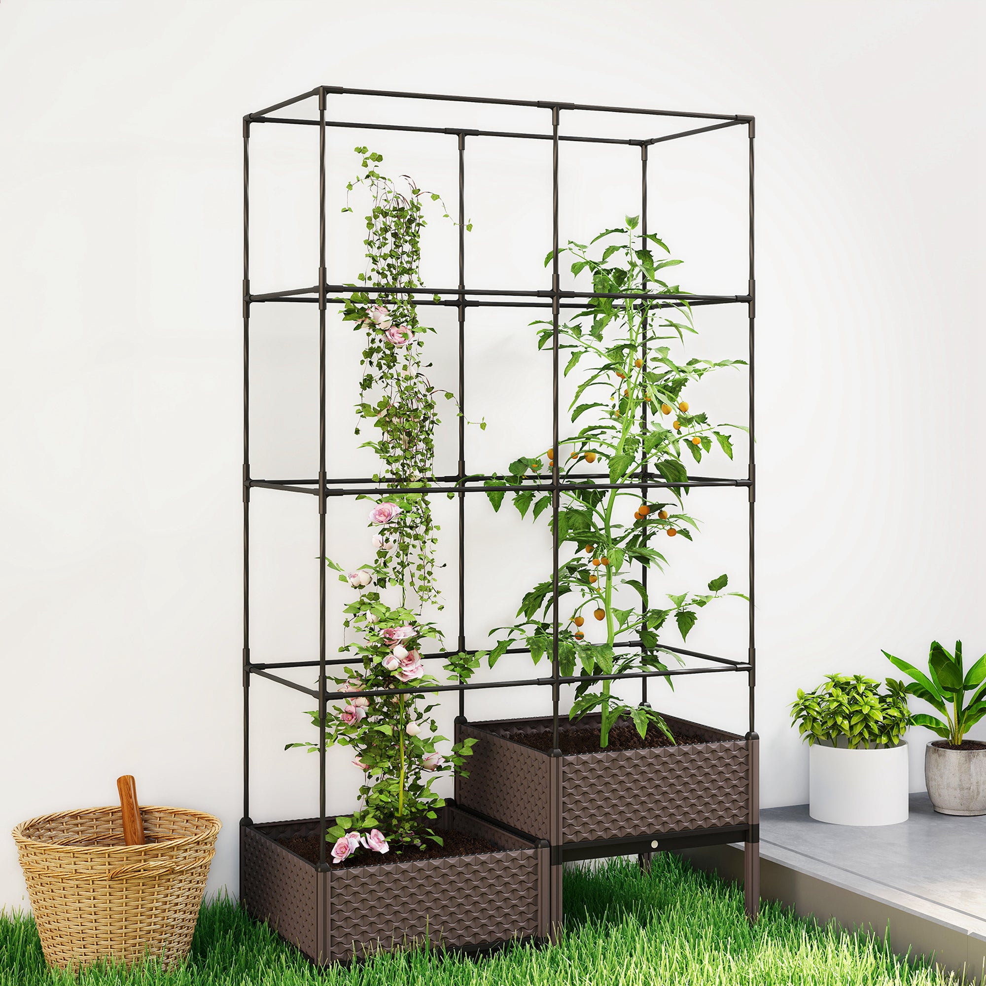 Metal Trellis Planter — Large Outdoor Raised Planter for Climbing Plants, 2 PP Planter Boxes with Drainage & Plugs, Elevated Patio Garden Bed, 39.4 x 19.7 x 68.5 in, Black