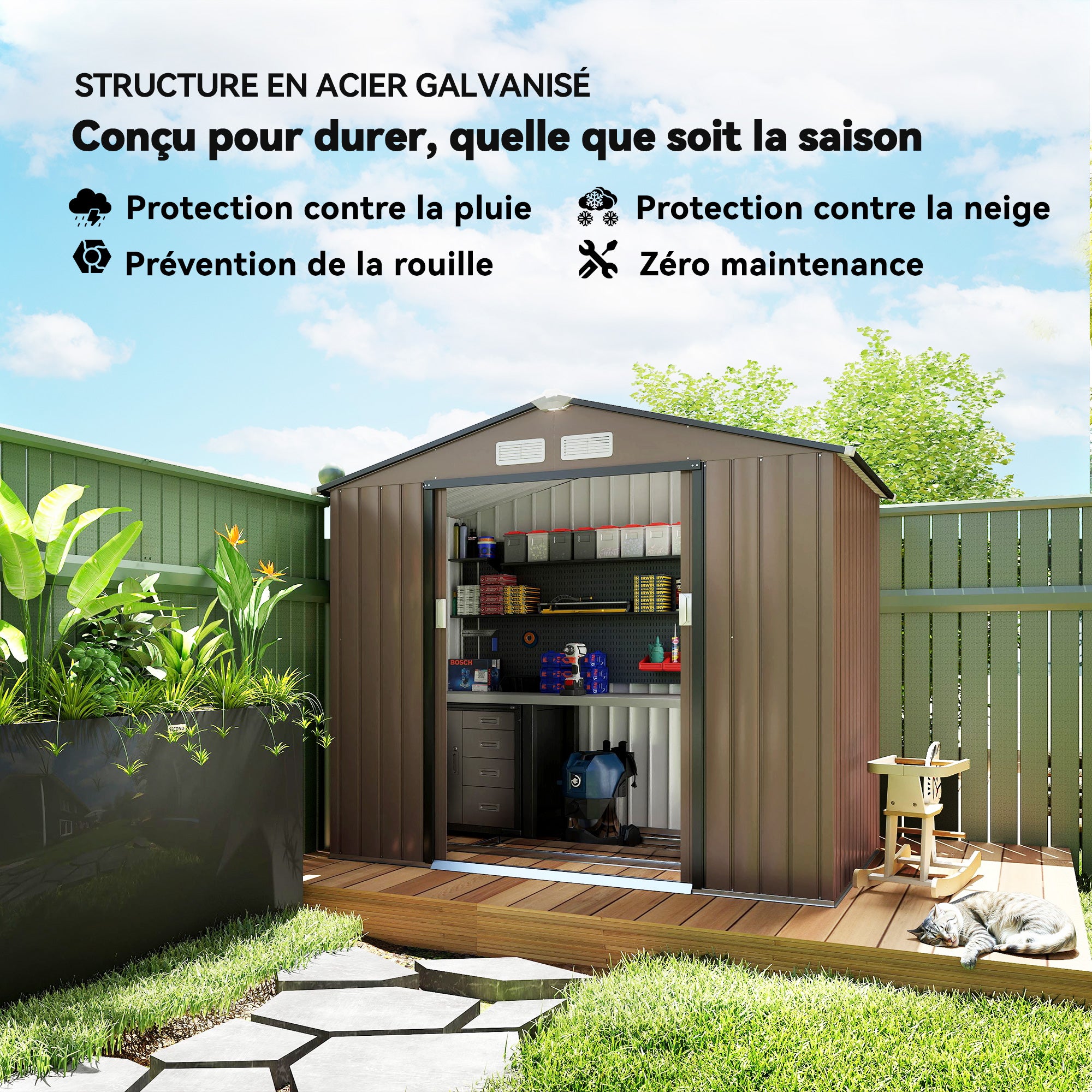 Metal Storage Shed 2.5m² - Storage Shed with Foundation - Lockable Door - Dimensions 213L x 130W x 185H cm - Brown Steel Sheet