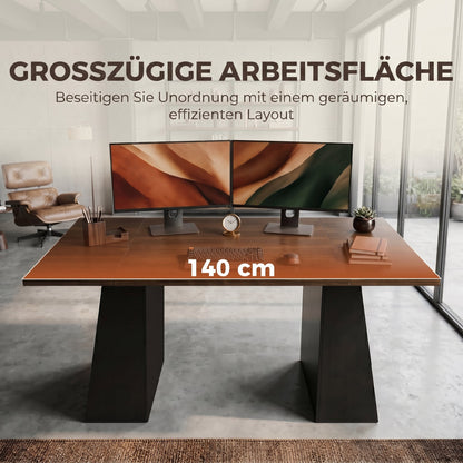 55.1 in (140 cm) Computer Desk with 4 Open Shelves & Trapezoid Metal Frame — Brown Woodgrain / Black