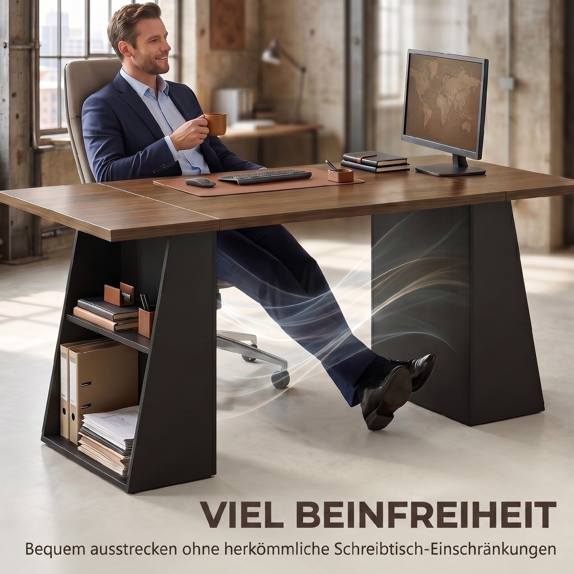 55.1 in (140 cm) Computer Desk with 4 Open Shelves & Trapezoid Metal Frame — Brown Woodgrain / Black