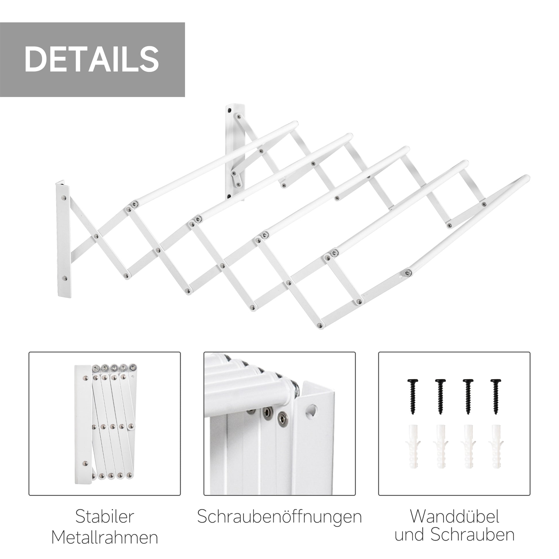 Wall-Mounted Retractable Folding Space-Saving Clothes Drying Rack, Wall Clothes Dryer for Indoor and Outdoor Use, White, 63.5 x 60 x 20 cm