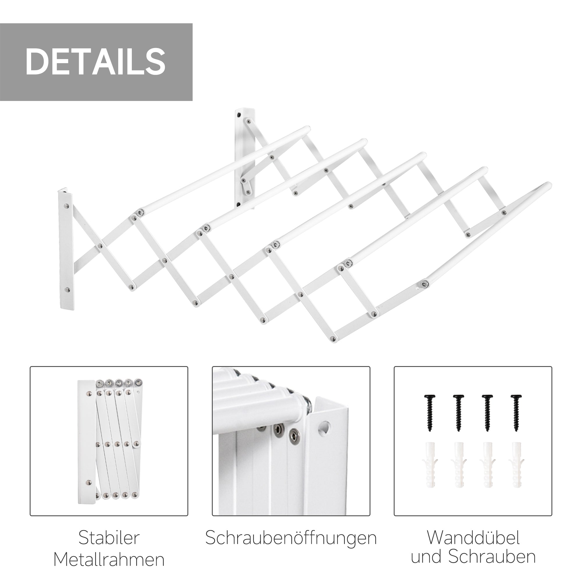 Wall-Mounted Retractable Folding Space-Saving Clothes Drying Rack, Wall Clothes Dryer for Indoor and Outdoor Use, White, 63.5 x 60 x 20 cm