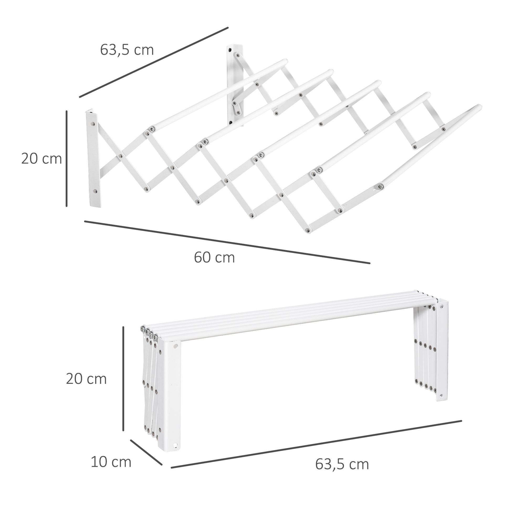 Wall-Mounted Retractable Folding Space-Saving Clothes Drying Rack, Wall Clothes Dryer for Indoor and Outdoor Use, White, 63.5 x 60 x 20 cm