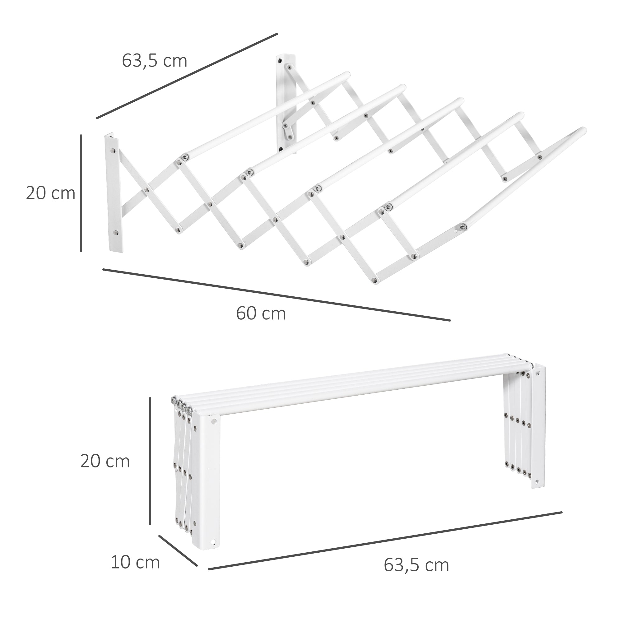 Wall-Mounted Retractable Folding Space-Saving Clothes Drying Rack, Wall Clothes Dryer for Indoor and Outdoor Use, White, 63.5 x 60 x 20 cm