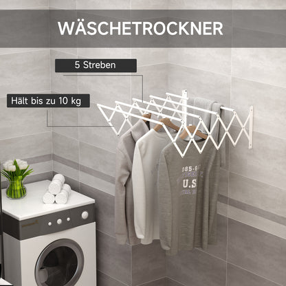 Wall-Mounted Retractable Folding Space-Saving Clothes Drying Rack, Wall Clothes Dryer for Indoor and Outdoor Use, White, 63.5 x 60 x 20 cm