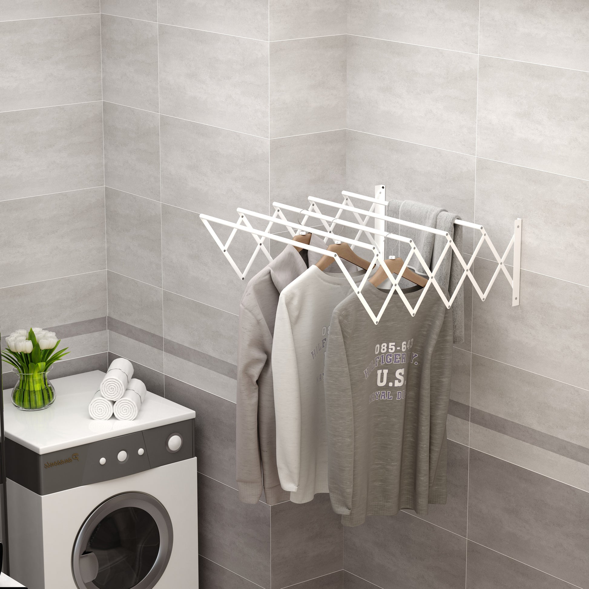 Wall-Mounted Retractable Folding Space-Saving Clothes Drying Rack, Wall Clothes Dryer for Indoor and Outdoor Use, White, 63.5 x 60 x 20 cm