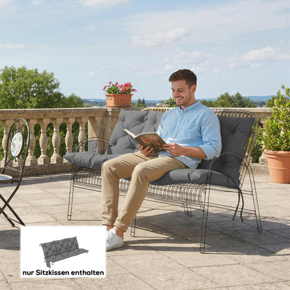 3-Seater Outdoor Bench Cushion 150 x 100 x 10 cm (59.1" x 39.4" x 3.9") — Tufted Seat & Back, Water-Repellent Polyester, UPF 30+, Straps & Side Pocket — Dark Gray