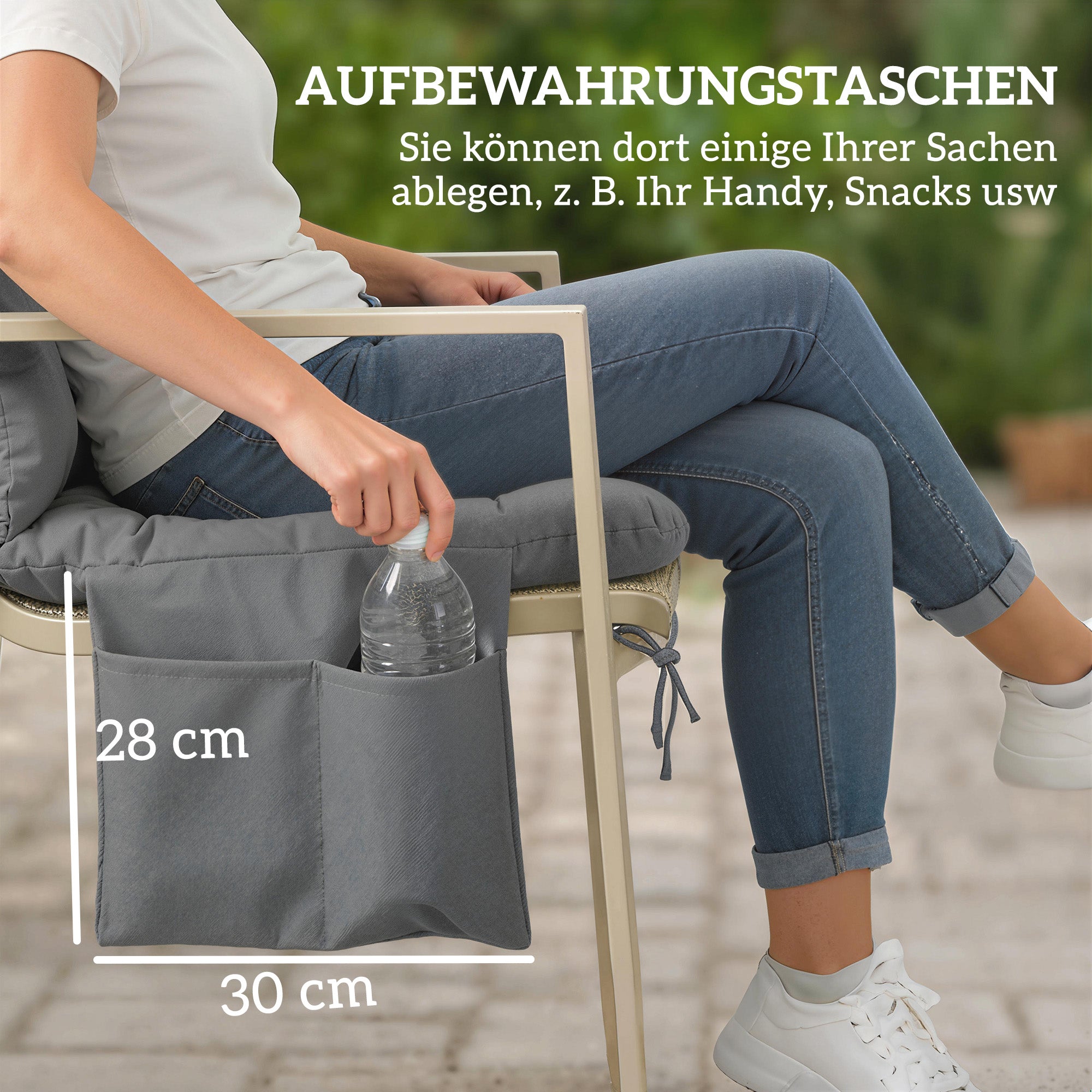 3-Seater Outdoor Bench Cushion 150 x 100 x 10 cm (59.1" x 39.4" x 3.9") — Tufted Seat & Back, Water-Repellent Polyester, UPF 30+, Straps & Side Pocket — Dark Gray