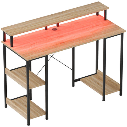 120 cm Reversible Computer Desk with LED Lights, Storage Shelves, Monitor Stand, Cable Management, Home Office Study Desk, Natural