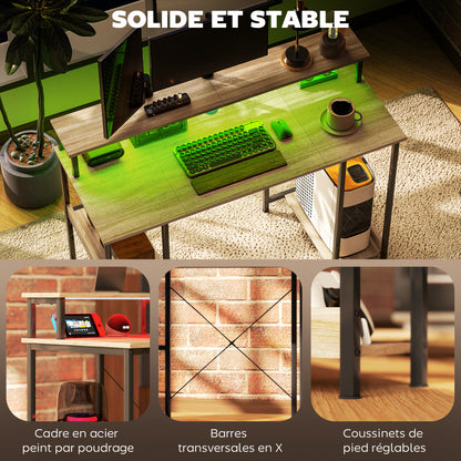 120 cm Reversible Computer Desk with LED Lights, Storage Shelves, Monitor Stand, Cable Management, Home Office Study Desk, Natural